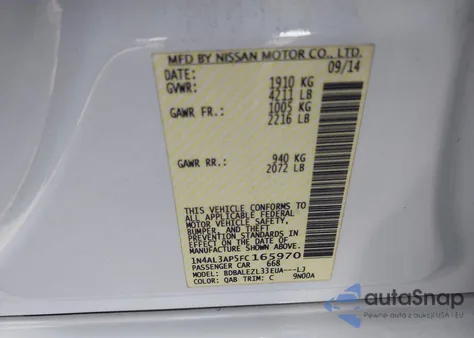 2015 Nissan Altima 2.5 S z USA, uszkodzony, nr VIN 1N4AL3AP5FC165970